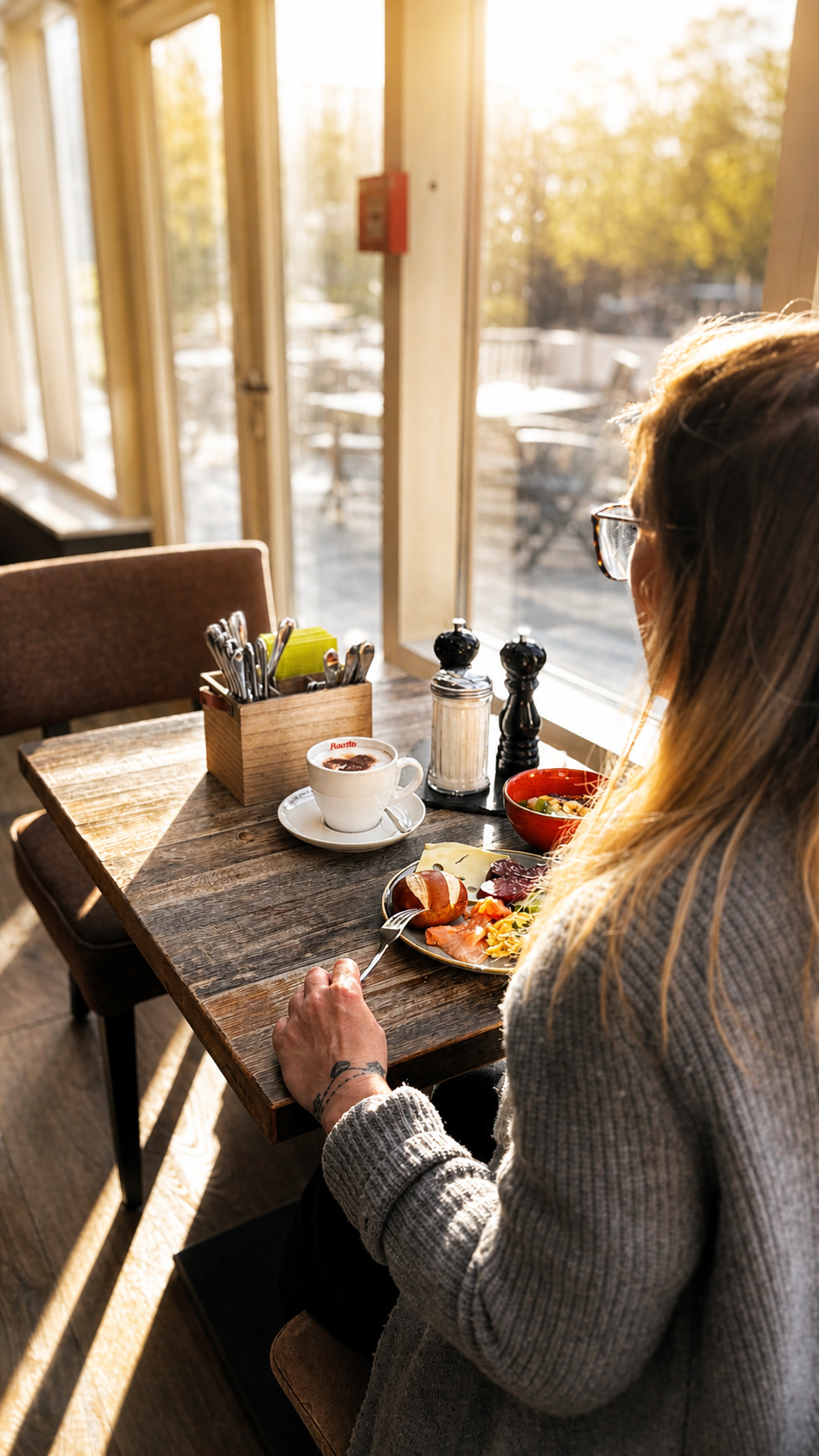 Eine Person sitzt an einem Cafétisch neben einem sonnigen Fenster, vor sich stehen Kaffee und Frühstücksteller.
