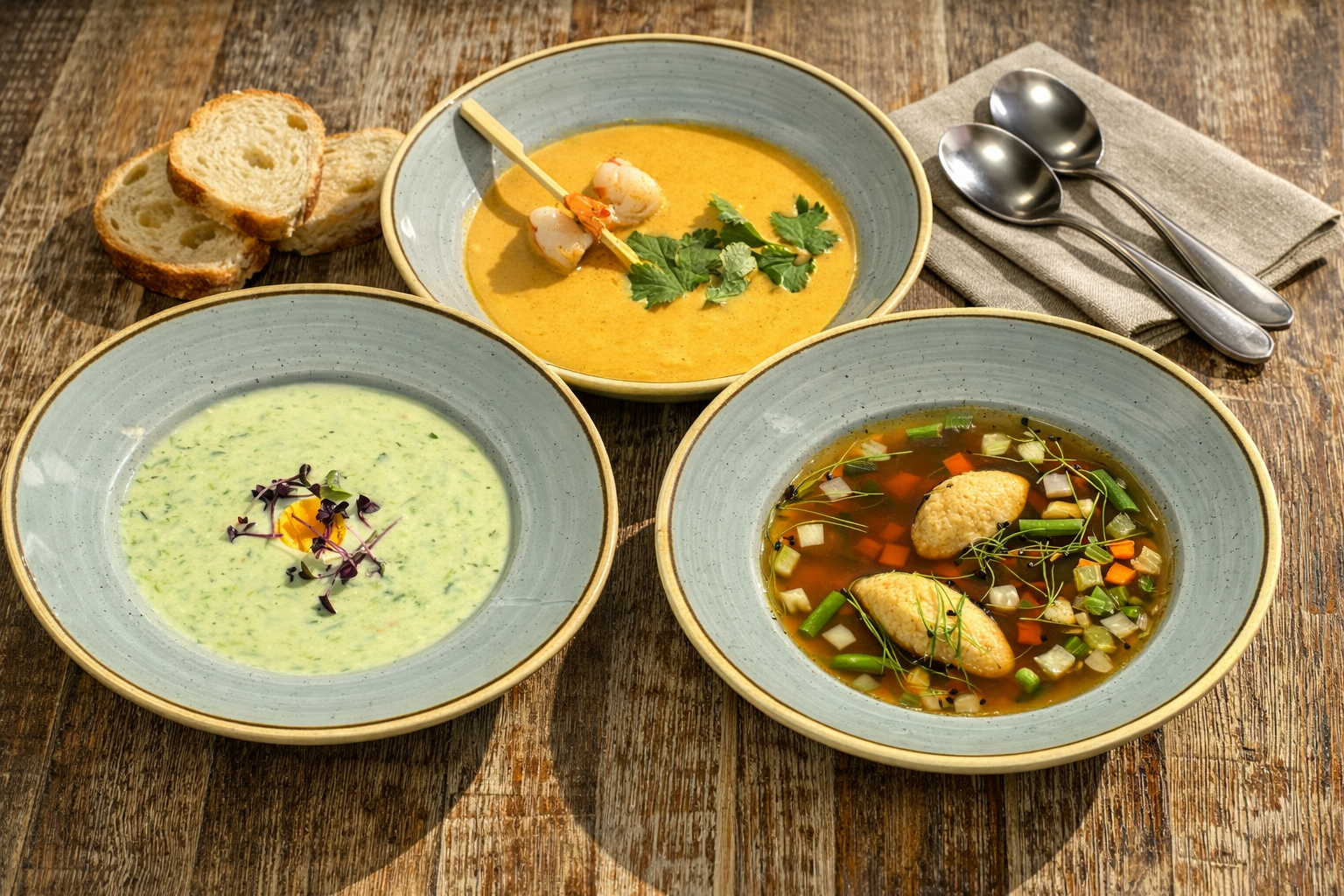 3 Teller mit vershiedenen Suppen, sowie Baguettescheiben und Besteck.