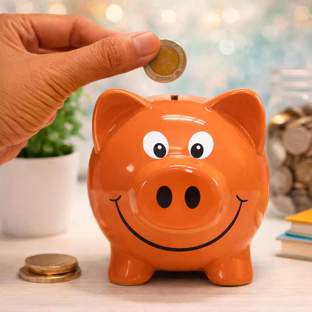 Eine Hand legt eine Münze in ein orangefarbenes, lächelndes Sparschwein, das auf einem Schreibtisch steht.