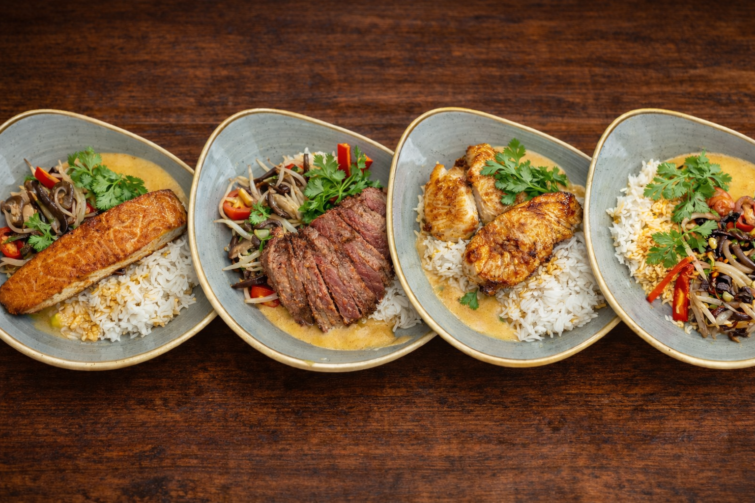 4 Bowls mit unterschiedlichen Inhalten.