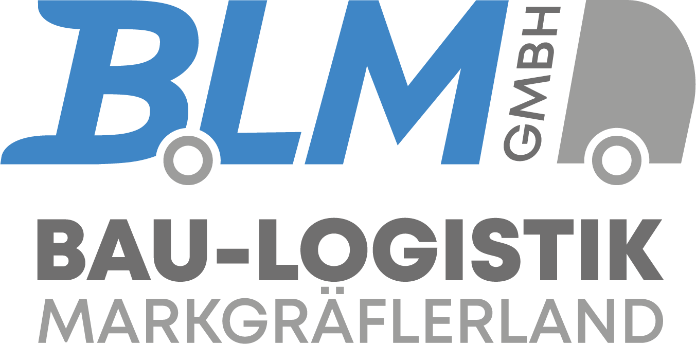 Logo f&uuml;r BLM Bau-Logistik Markgr&auml;flerland GmbH mit blauer und grauer Typografie und stilisierten Fahrzeugradsymbolen.