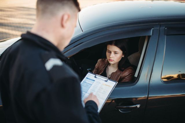 Ein Polizist spricht mit einer Frau in einem Auto.