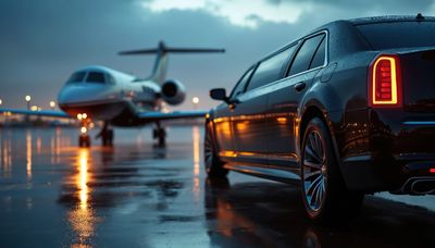 Schwarze Limousine und Privatjet auf nassem Asphalt in der Abenddämmerung.