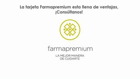 Publicidad de farmapremium en fondo blanco con logo amarillo y texto “La tarjeta Farmapremium está llena de ventajas”