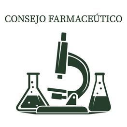 Logotipo con el texto en español “Consejo Farmacéutico” sobre un microscopio verde y matraces de laboratorio.