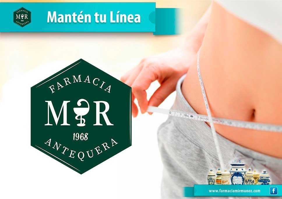 Publicidad de farmacia con persona midiendo su cintura y el texto “Mantén tu línea”