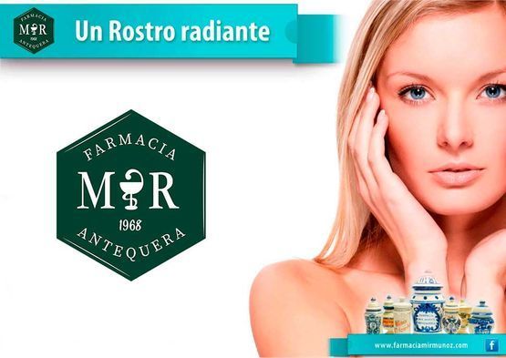 Farmacia M&R Antequera promo: woman’s face and turquoise banner reading “Un Rostro radiante”