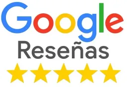 Logotipo de Google Reseñas con cinco estrellas amarillas debajo.