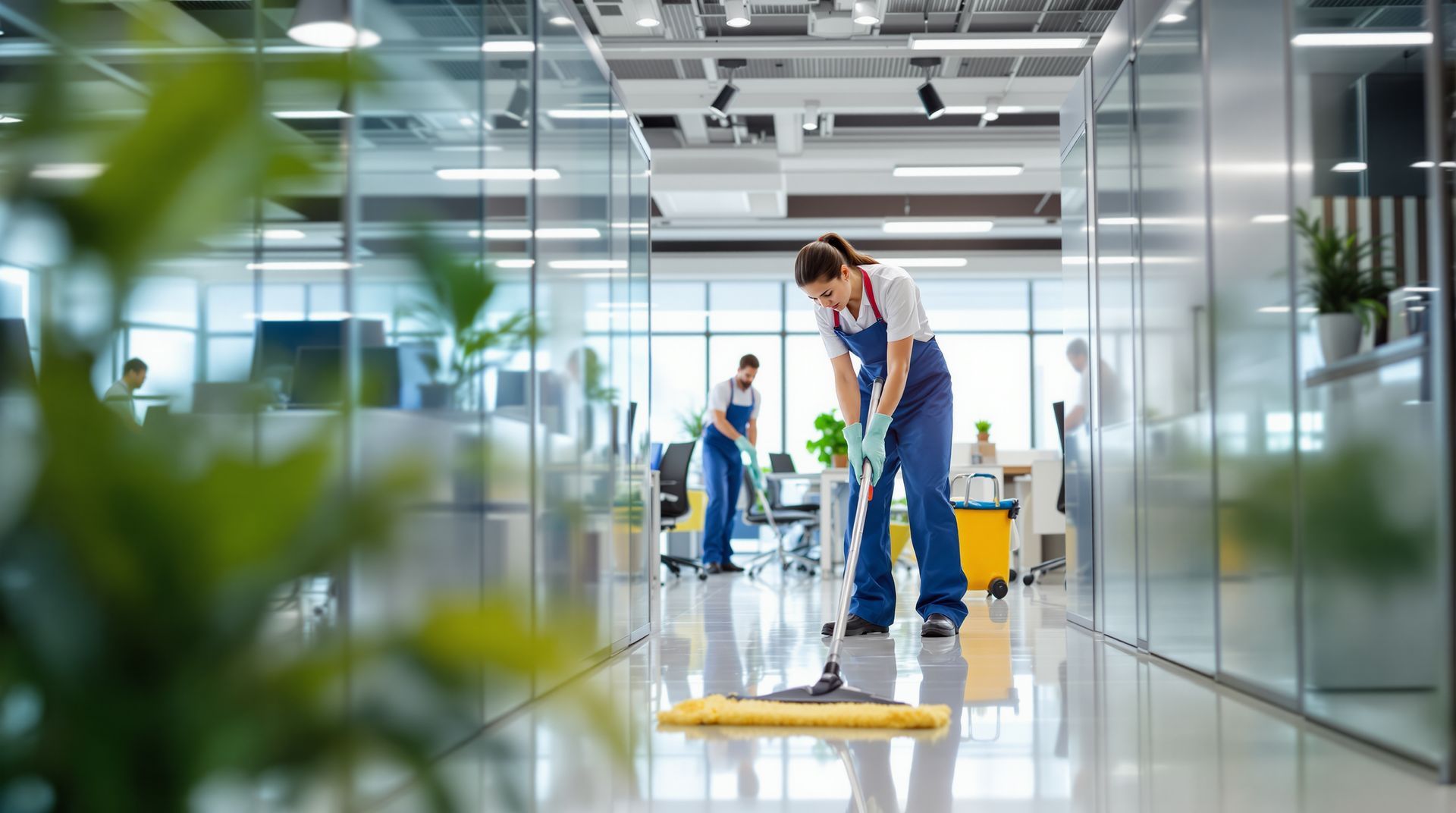 Une personne nettoie un couloir lumineux de bureaux tandis que ses collègues travaillent en arrière-plan.
