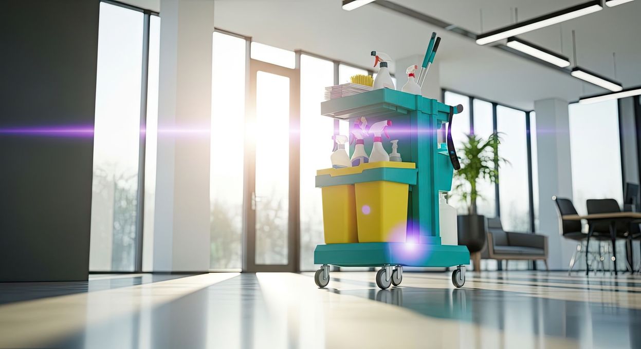 Chariot de nettoyage dans une pièce moderne et ensoleillée avec de grandes fenêtres et un coin salon.