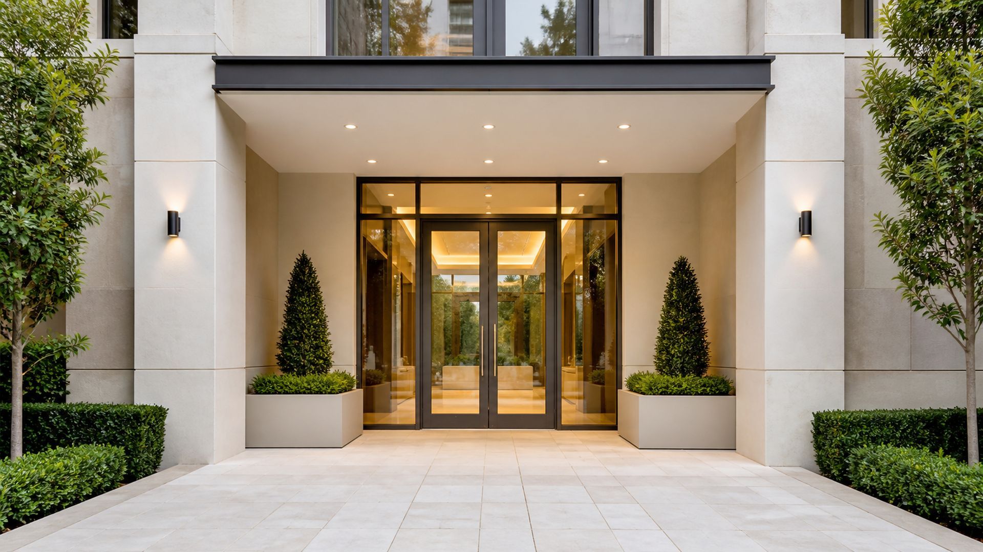 Entrée élégante avec double porte vitrée, façade couleur crème et arbres en pot symétriques.