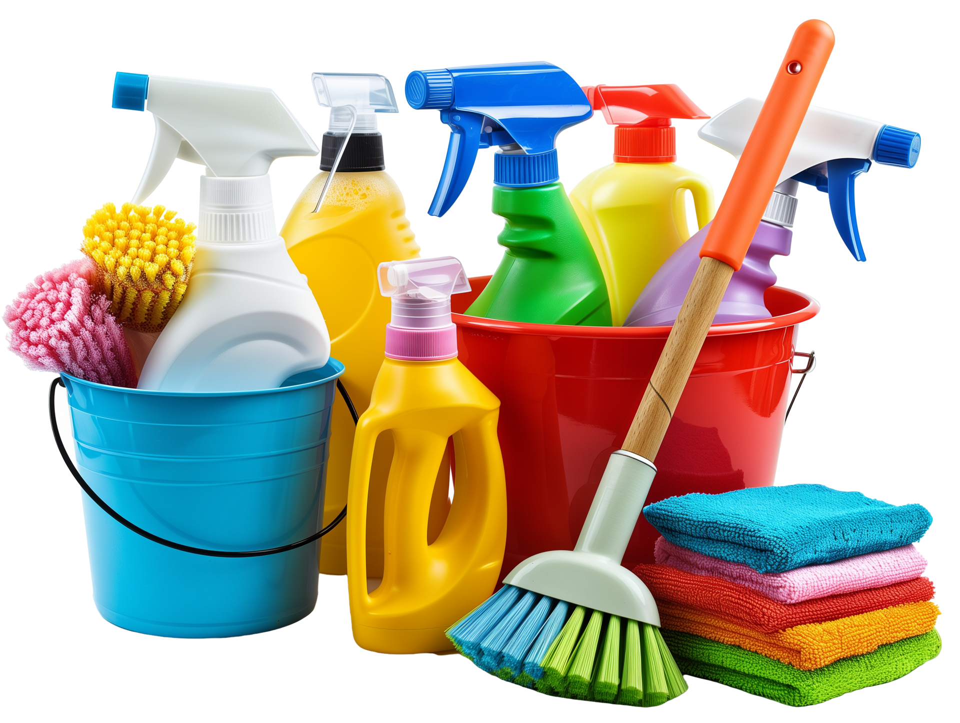 Produits de nettoyage dans des seaux colorés, flacons pulvérisateurs, brosses et éponges.