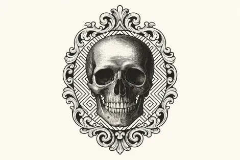 Cráneo en marco ovalado adornado.