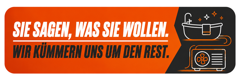 Deutsches orangefarbenes Banner mit weißem Text und Reinigungsdienst-Symbolen (Badewanne und Backofen) in schwarzen Feldern