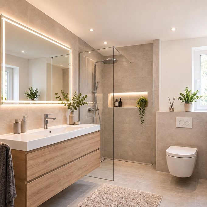 Modernes beigefarbenes Badezimmer mit schwebendem Waschtisch aus Holz, großem Spiegel, Glasdusche und wandhängendem WC
