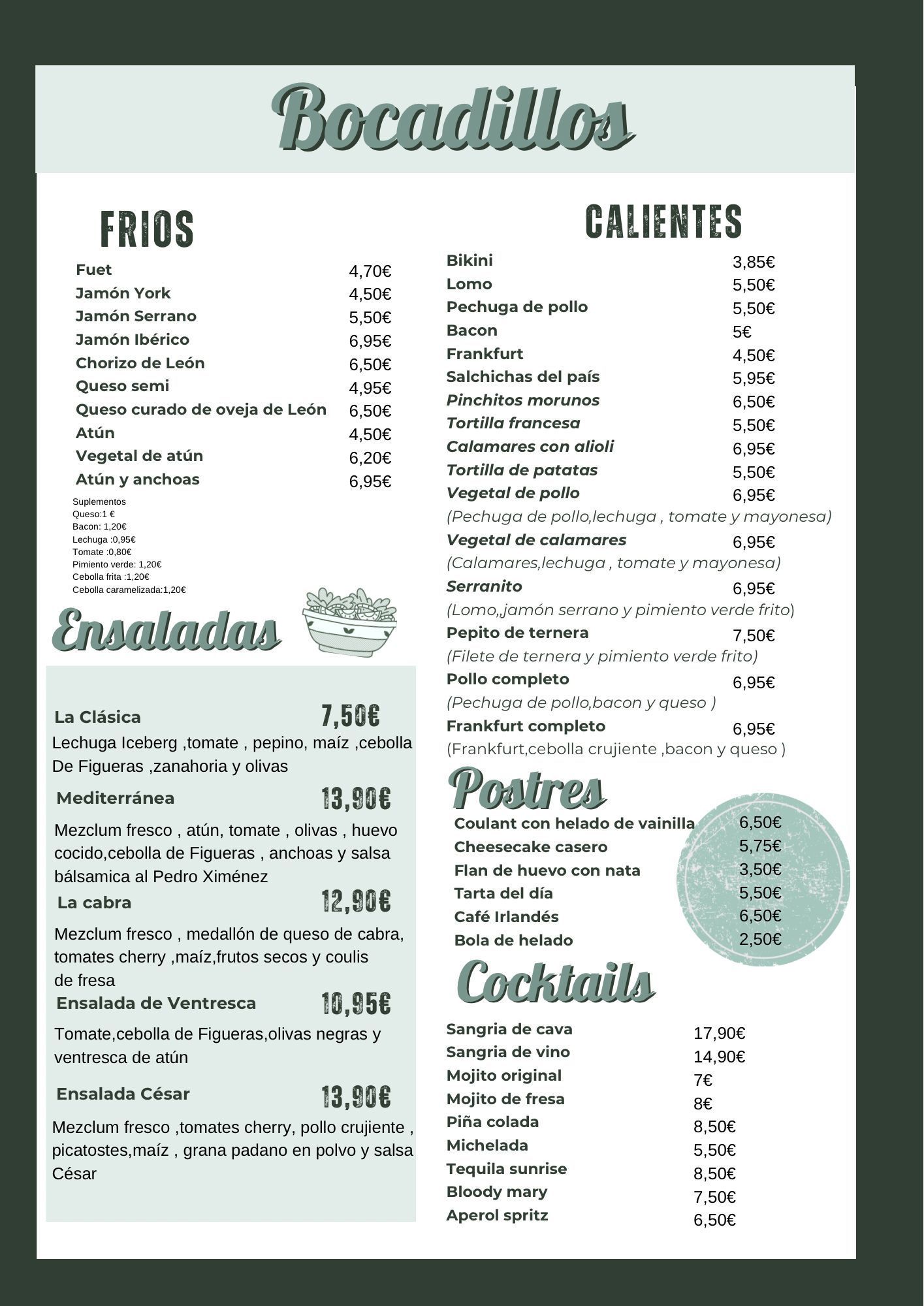 Menú de sándwiches, ensaladas, postres y cócteles. Texto blanco sobre fondo verde oscuro.