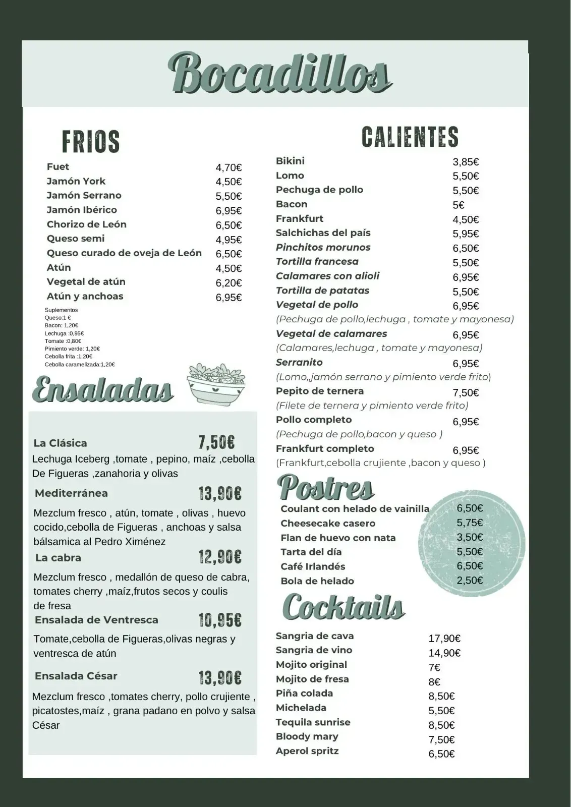 Menú de sándwiches, ensaladas, postres y cócteles. Texto blanco sobre fondo verde oscuro.