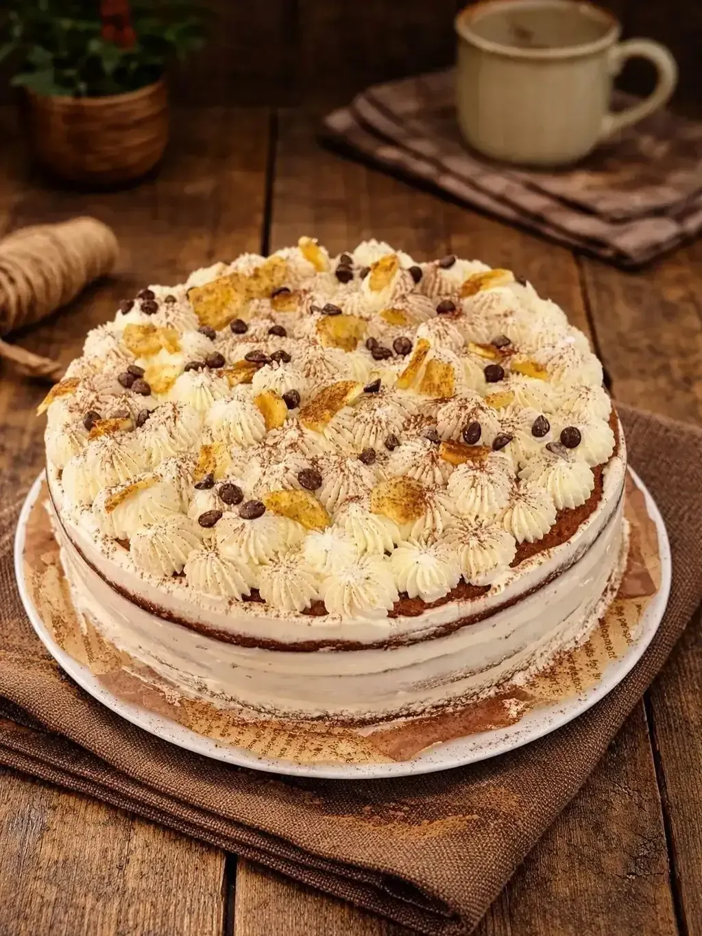 Pastel con glaseado blanco, chispas de chocolate y copos de oro sobre una mesa de madera.