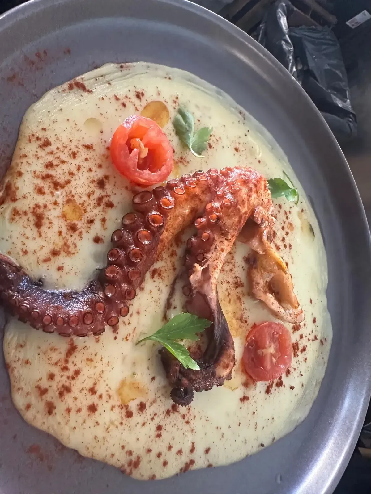 Tentáculo de pulpo a la parrilla sobre salsa cremosa, adornado con tomate y hierbas, espolvoreado con pimentón.