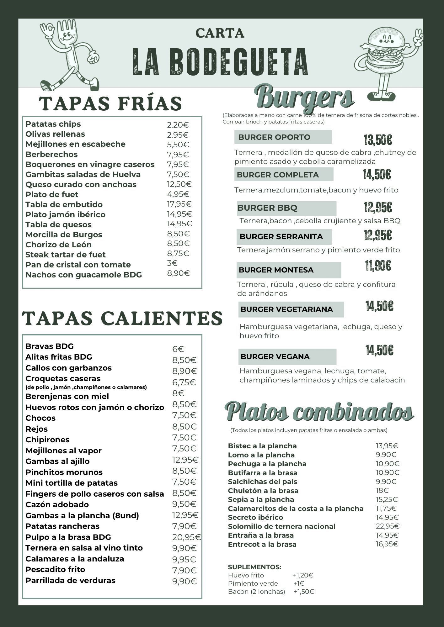 Carta del restaurante “La Bodegueta” con tapas frías, tapas calientes, hamburguesas y platos combinados.