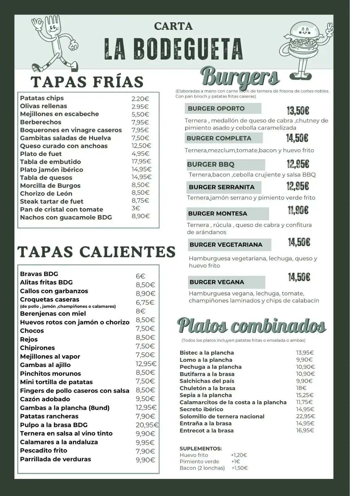 Carta del restaurante “La Bodegueta” con tapas frías, tapas calientes, hamburguesas y platos combinados.