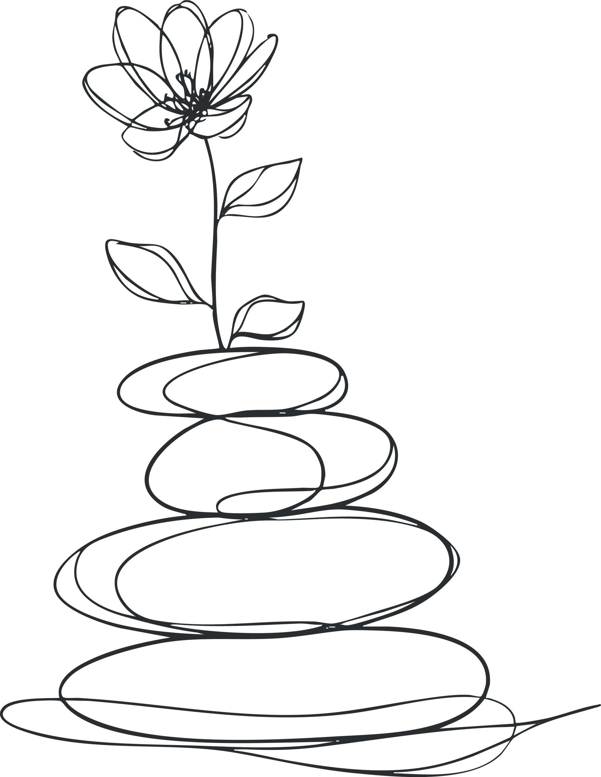 Dessin au trait en noir et blanc d'une fleur unique poussant au milieu d'un cairn de pierres lisses et arrondies.
