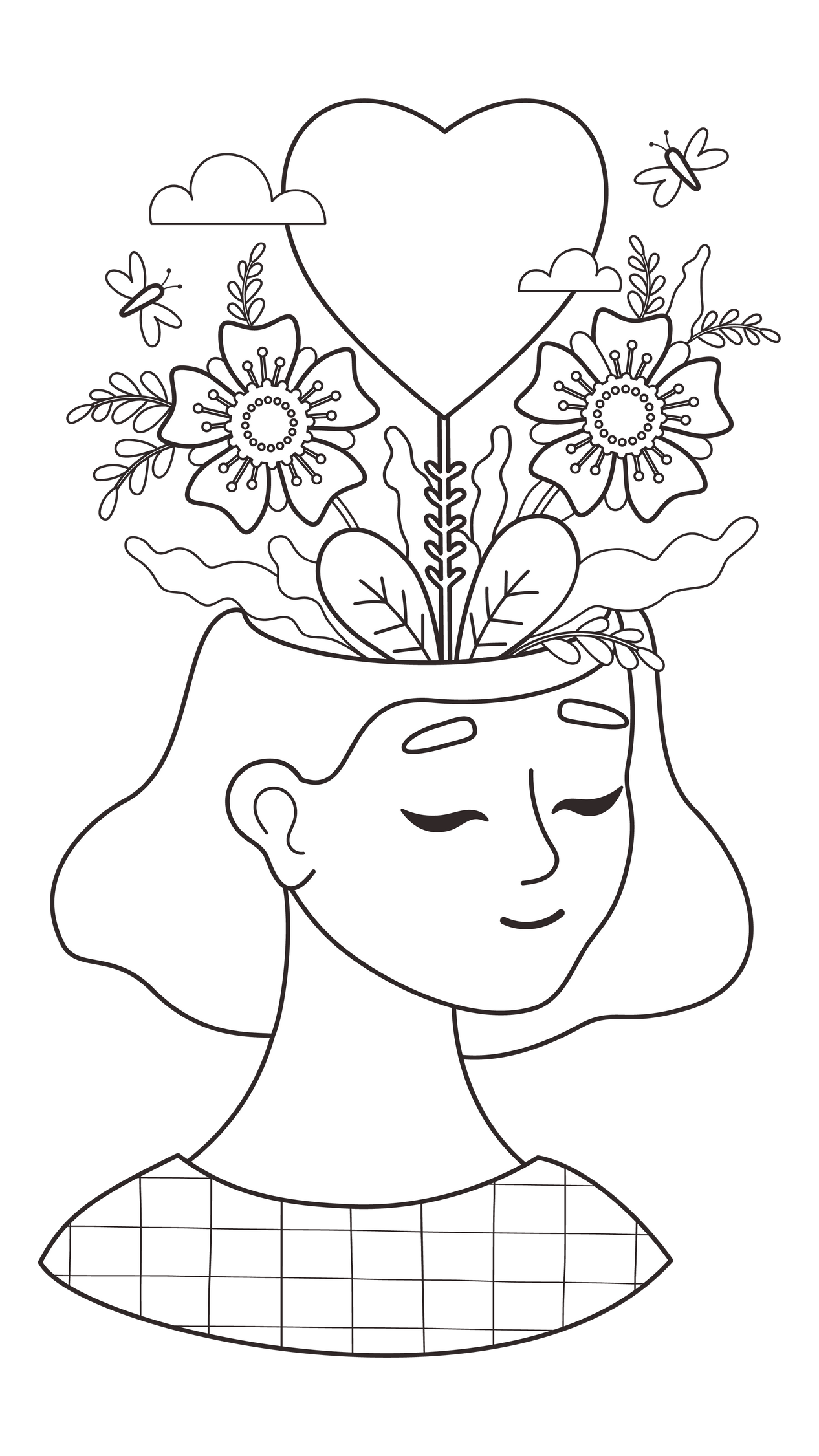 Dessin au trait d'une personne avec des fleurs et un cœur qui éclosent de sa tête ouverte, symbolisant la croissance et les pensées positives.