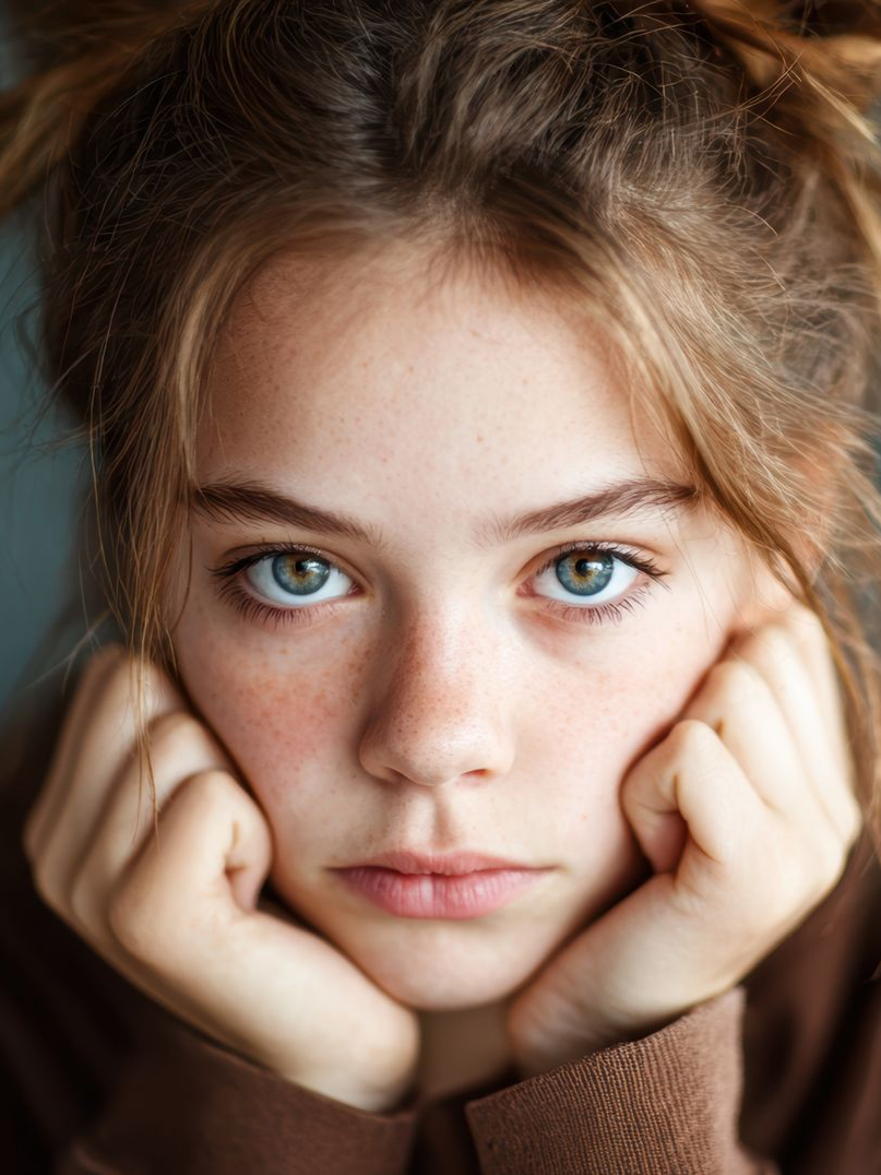 Une adolescente le regard droit devant elle avec une expression neutre.