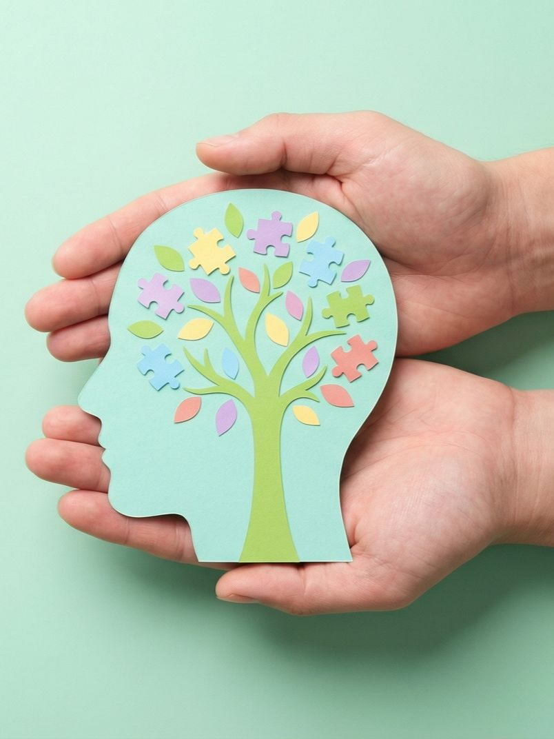 Des mains tiennent une découpe en forme de tête, vert clair, représentant un arbre aux feuilles en forme de pièces de puzzle aux couleurs pastel.