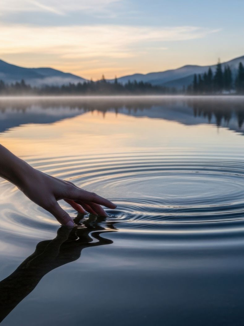 Au lever du soleil, une main effleure la surface d'un lac calme, créant de douces ondulations qui reflètent les montagnes 