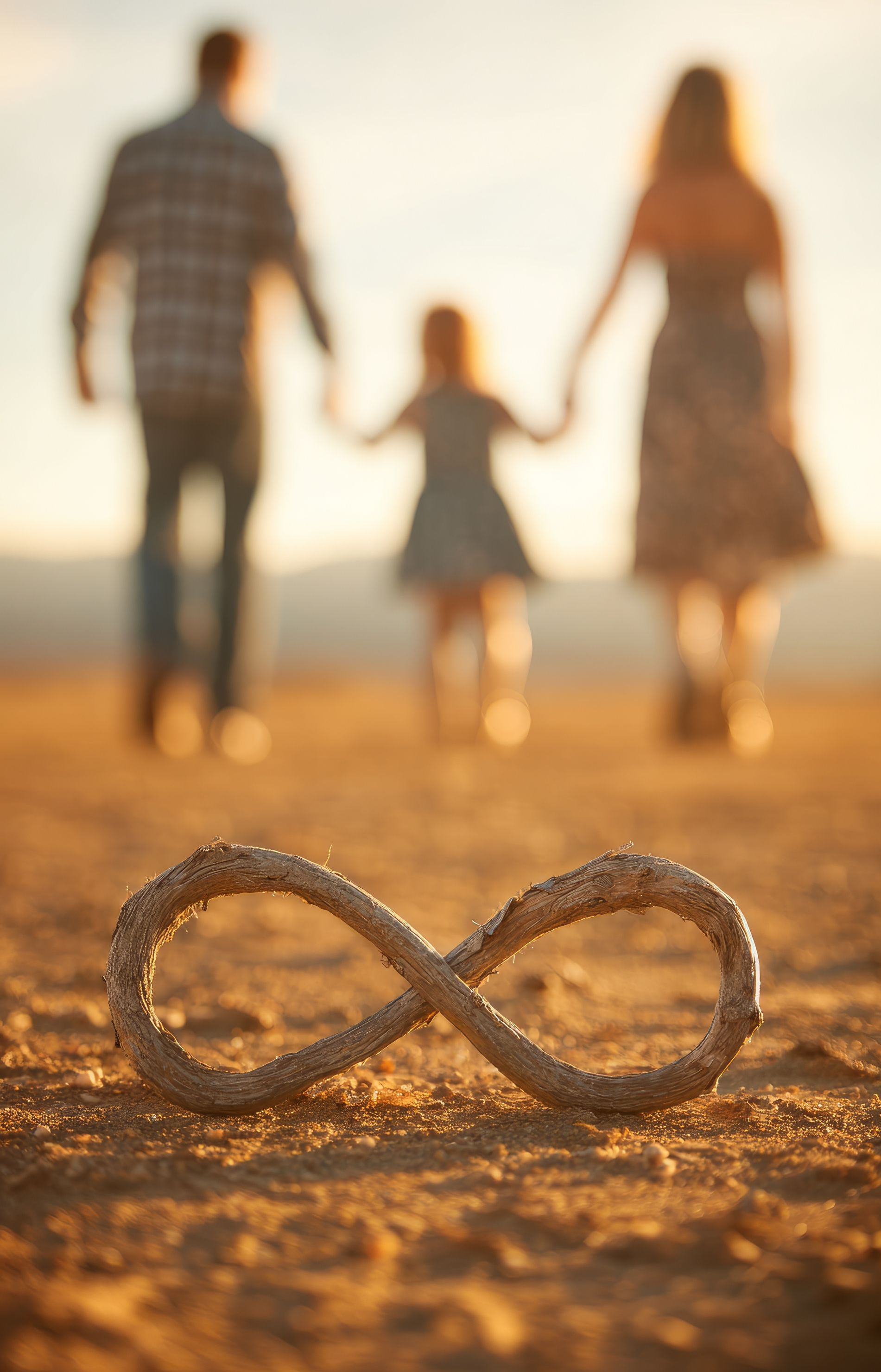 Un symbole de l'infini fait de brindilles se trouve au premier plan, tandis qu'une famille se tenant la main marche au loin, dans un flou artistique.