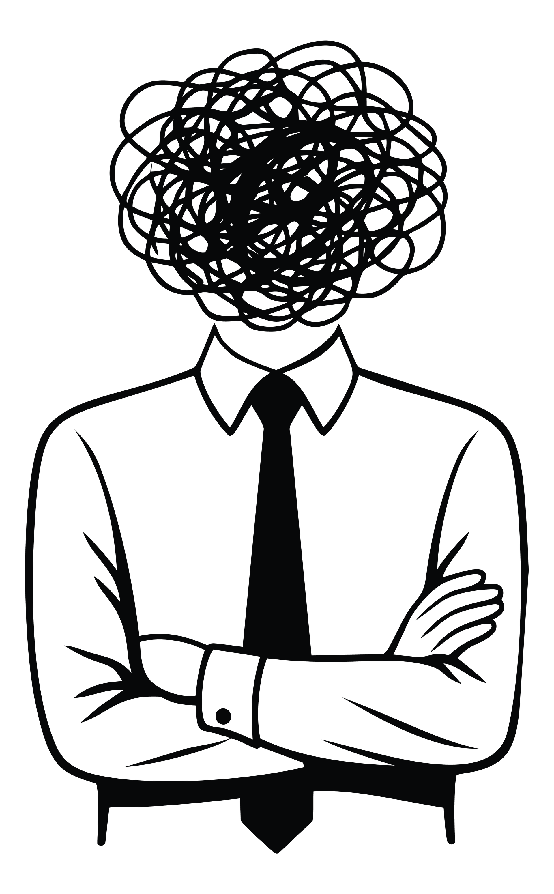 Dessin au trait d'une personne en chemise et cravate, avec un grand gribouillis chaotique à la place de la tête.