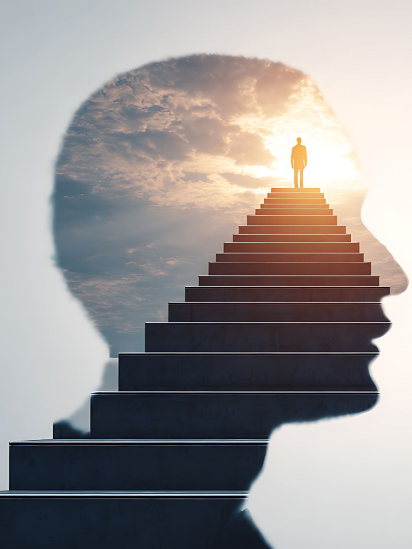 Une silhouette de tête humaine remplie de nuages ​​et un escalier menant à une personne se tenant dans une lumière vive.