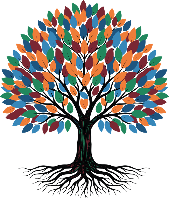 Un arbre stylisé avec un tronc et des racines noirs, orné d'une canopée vibrante de feuilles multicolores vertes, bleues et orange.