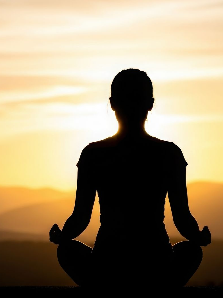 Silhouette d'une personne assise en tailleur, en position de méditation, sur fond de coucher de soleil doré.