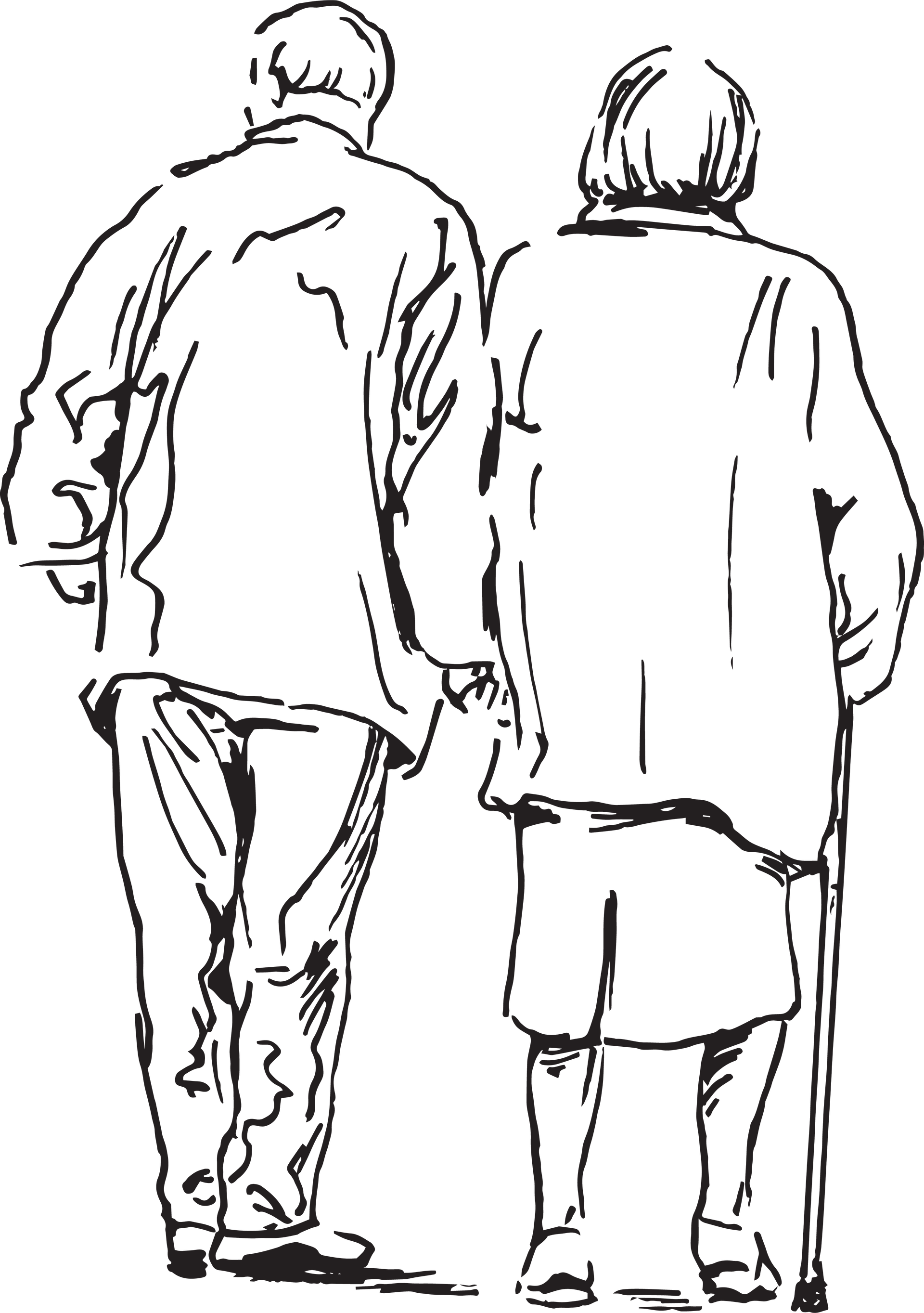 Dessin au trait vu de dos de deux personnes marchant côte à côte, l'une d'elles utilisant une canne.