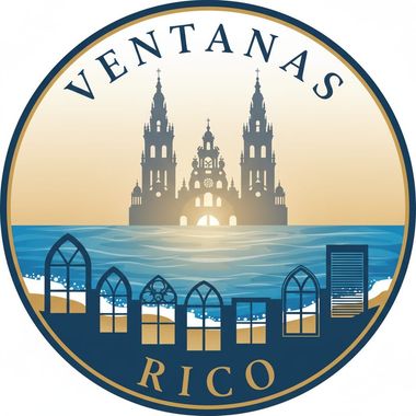 Logotipo de Ventanas Rico: silueta de iglesia sobre el agua, ventanas a lo largo de la costa, colores dorado y azul.