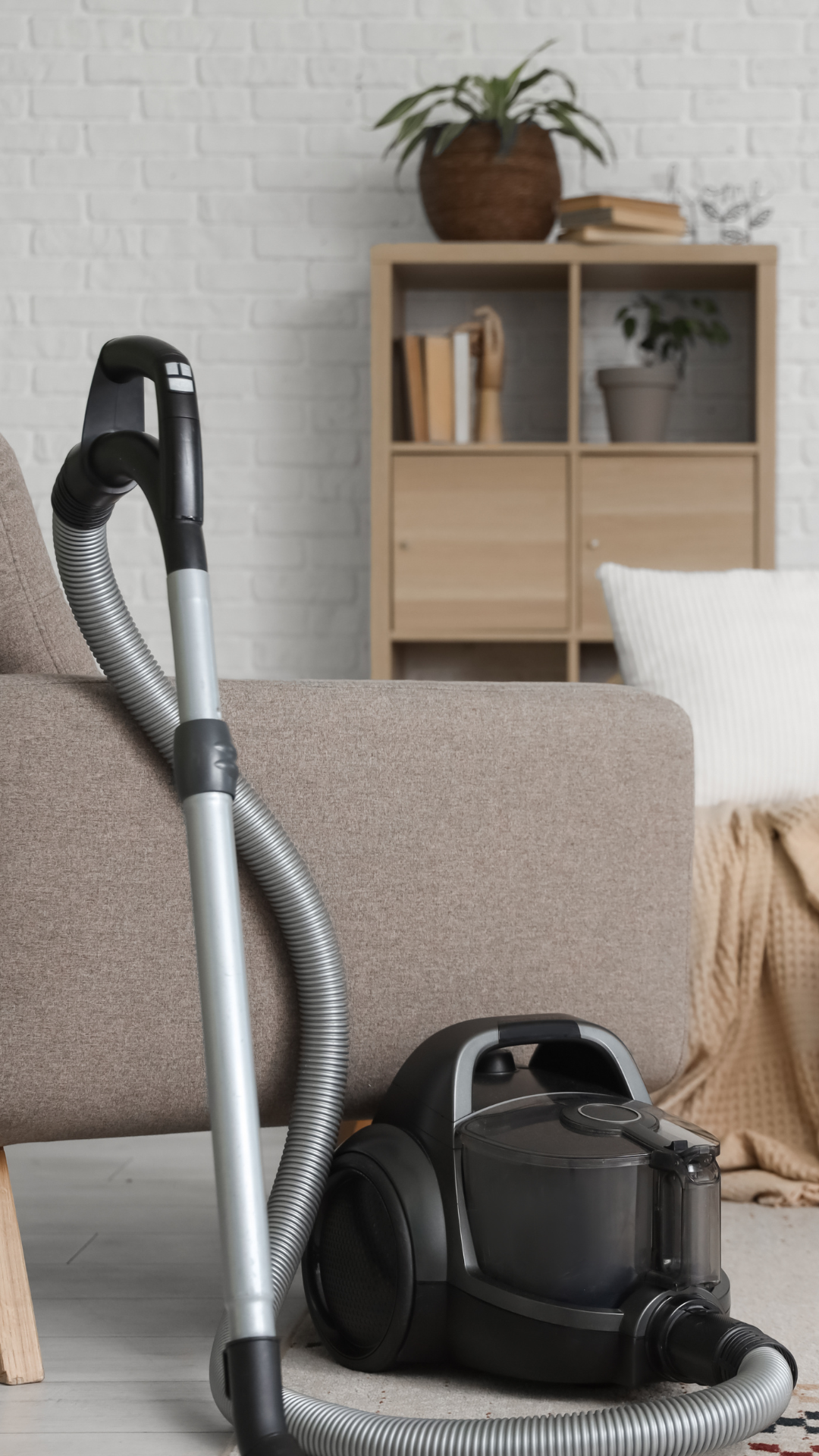Aspirateur posé contre un canapé dans un salon avec une étagère en bois et des plantes.