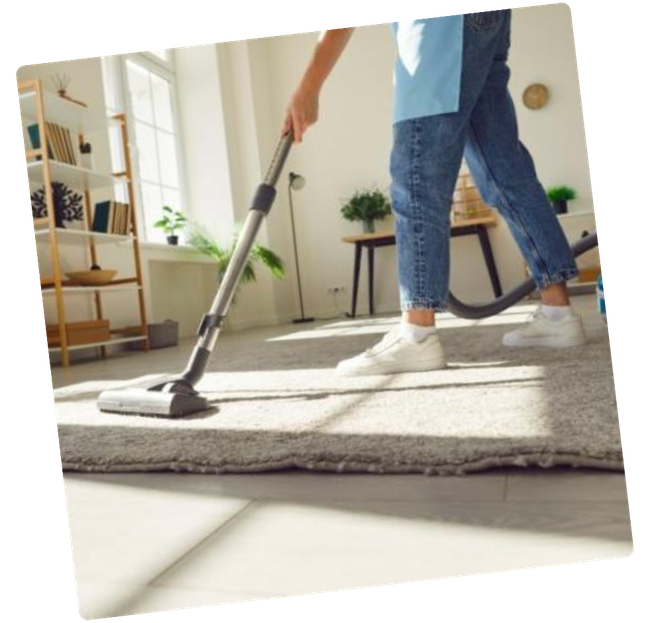 Personne passant l'aspirateur sur un sol recouvert de moquette dans une pièce ensoleillée.