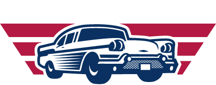 Voiture classique en bleu et blanc avec des rayures rouges et blanches.