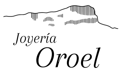 Un logotipo en blanco y negro para joyería oroel con una montaña al fondo.