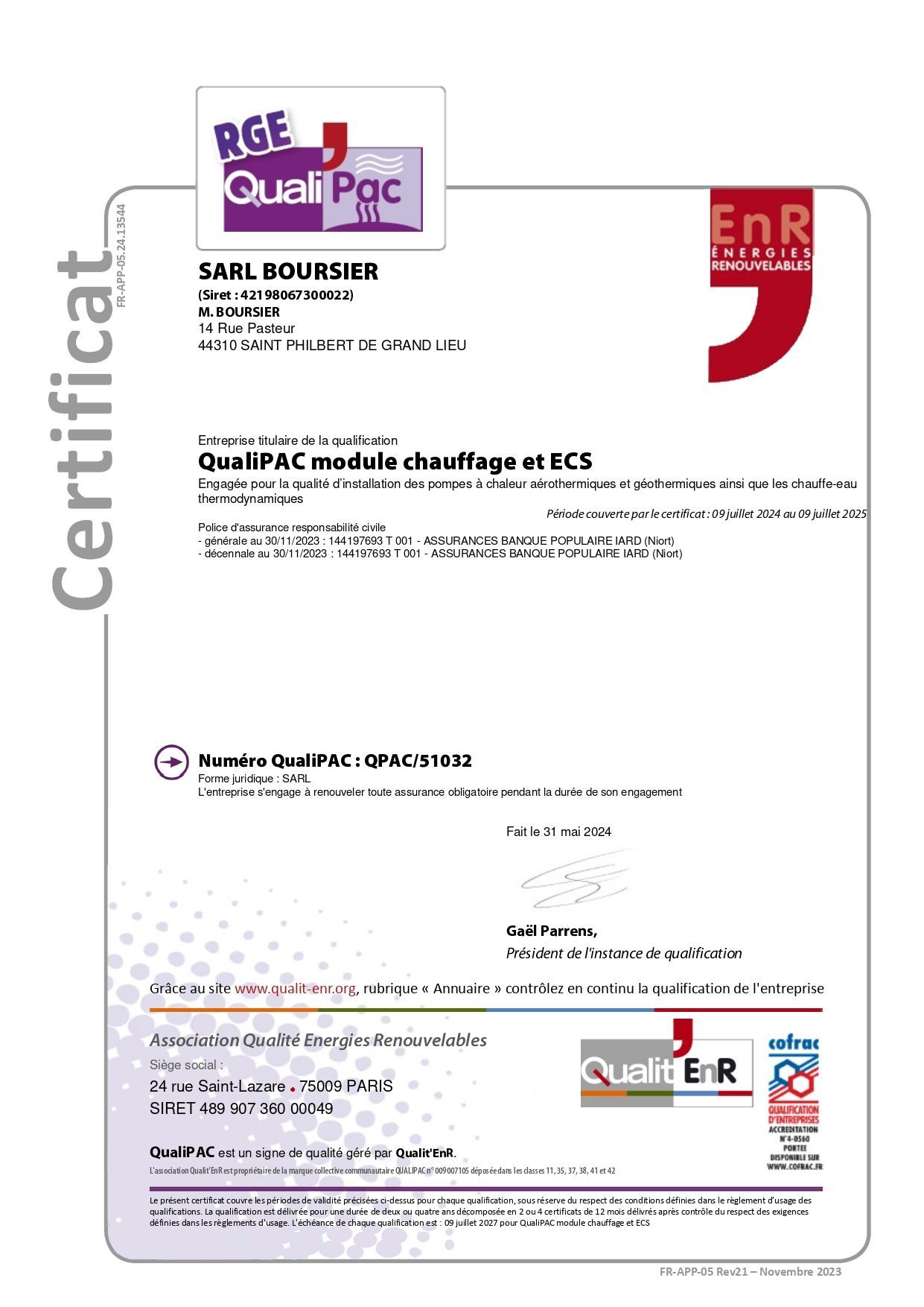 Certificat RGE Quali' Pac