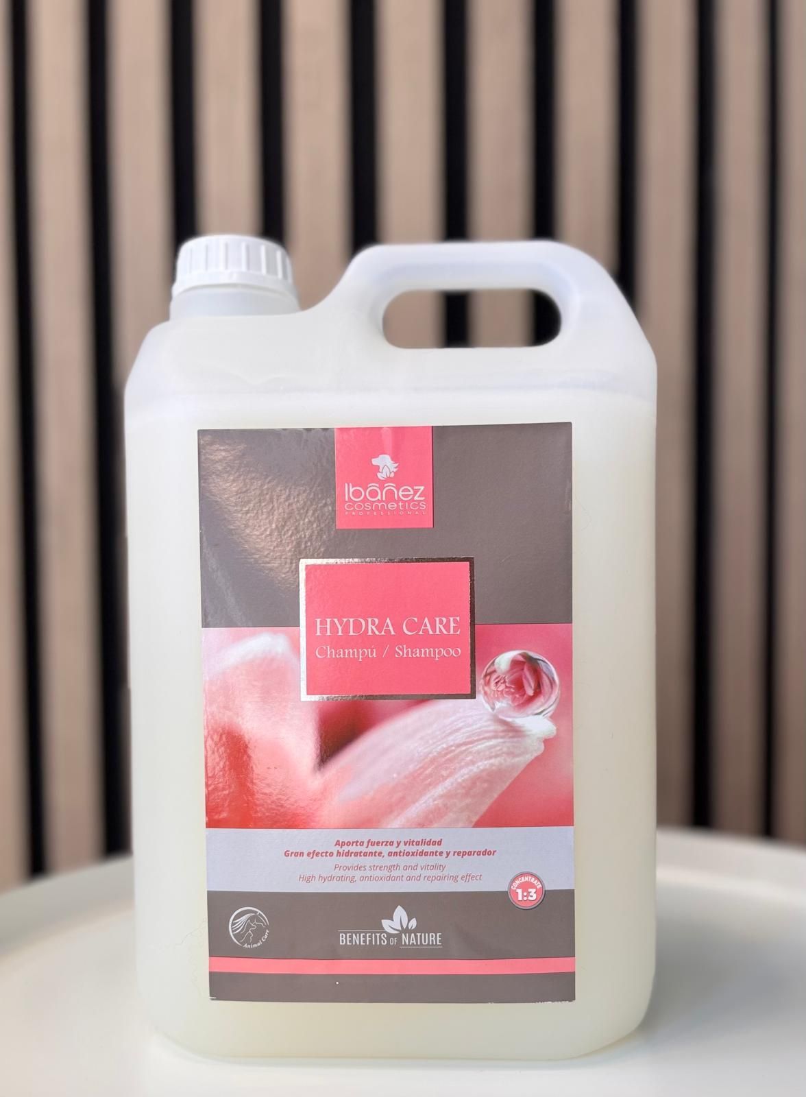 Hay un galón de champú sobre una mesa.