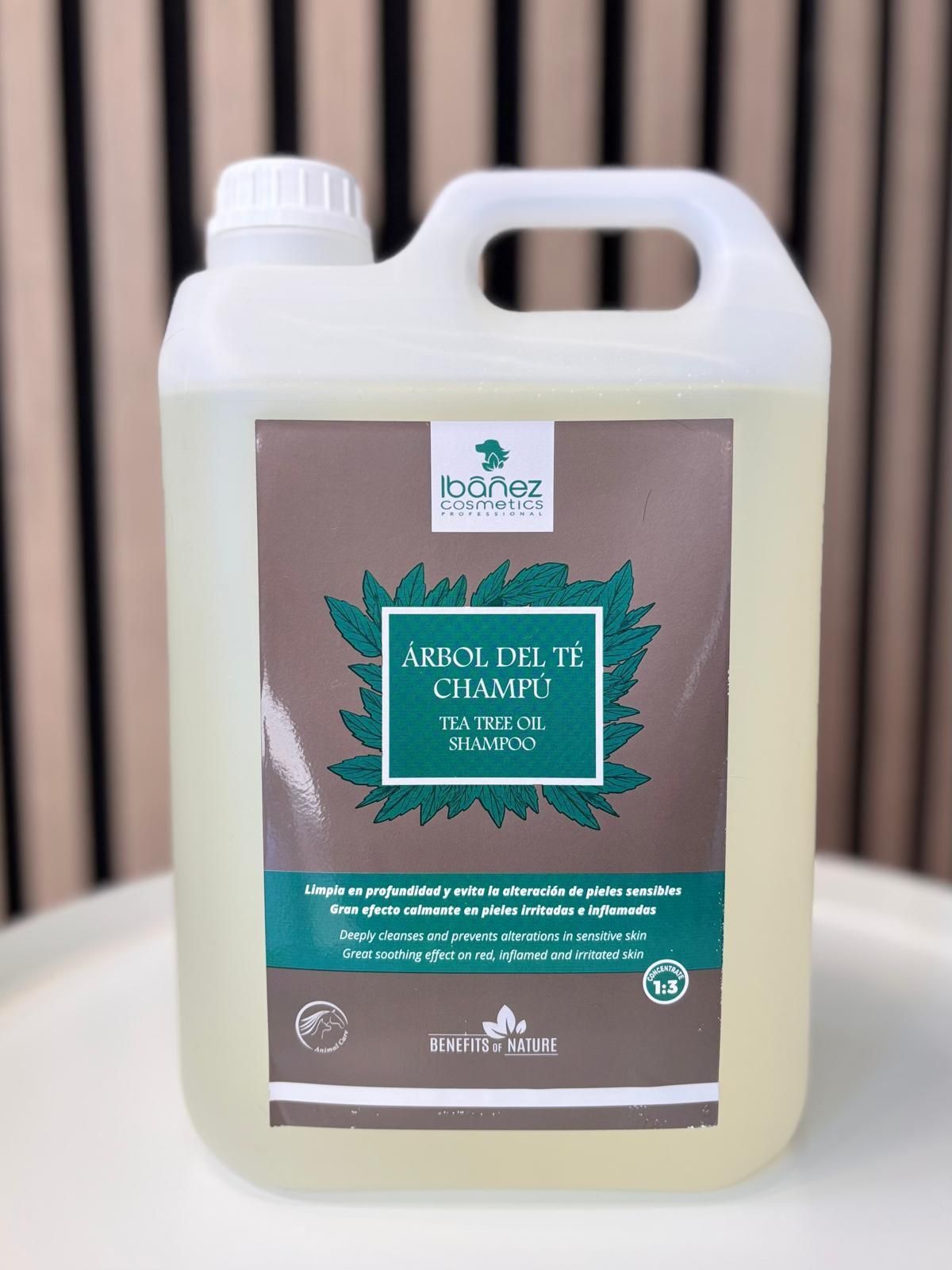 Hay un galón de champú sobre una mesa.