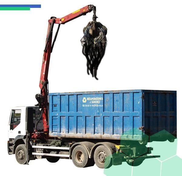 Un camión volquete azul con una grúa acoplada.