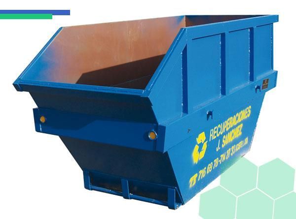 Un contenedor de basura azul con la palabra recambios en él