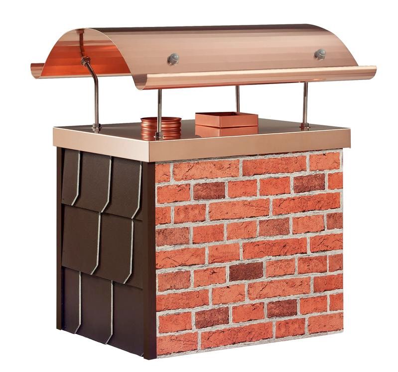 Ein gemauerter Schornstein mit einem Schornsteinschutz darüber