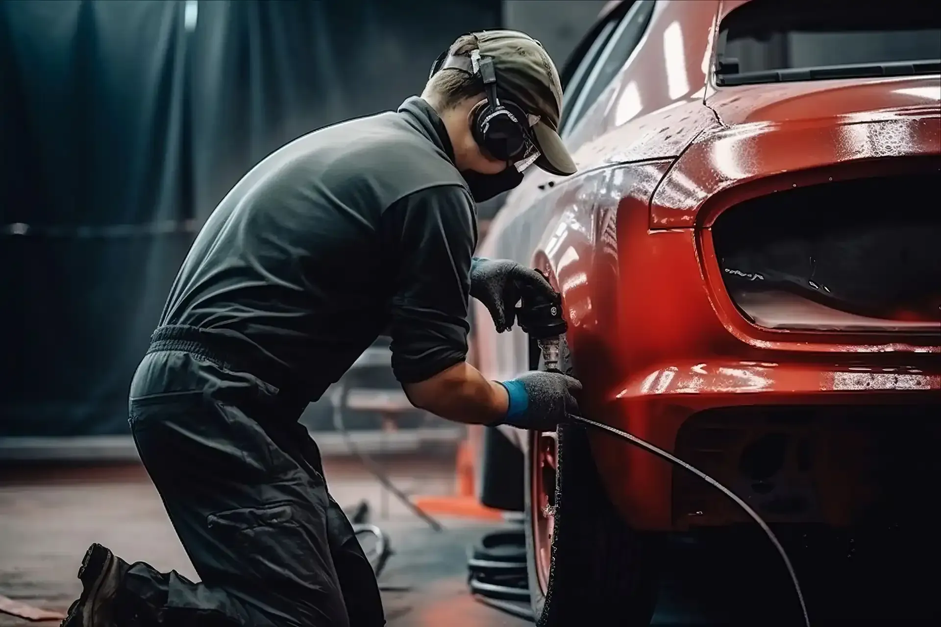 Una persona con ropa de trabajo pinta un coche rojo en un garaje, usando equipo de protección.