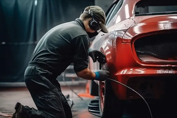 Una persona con ropa de trabajo pinta un coche rojo en un garaje, usando equipo de protección.