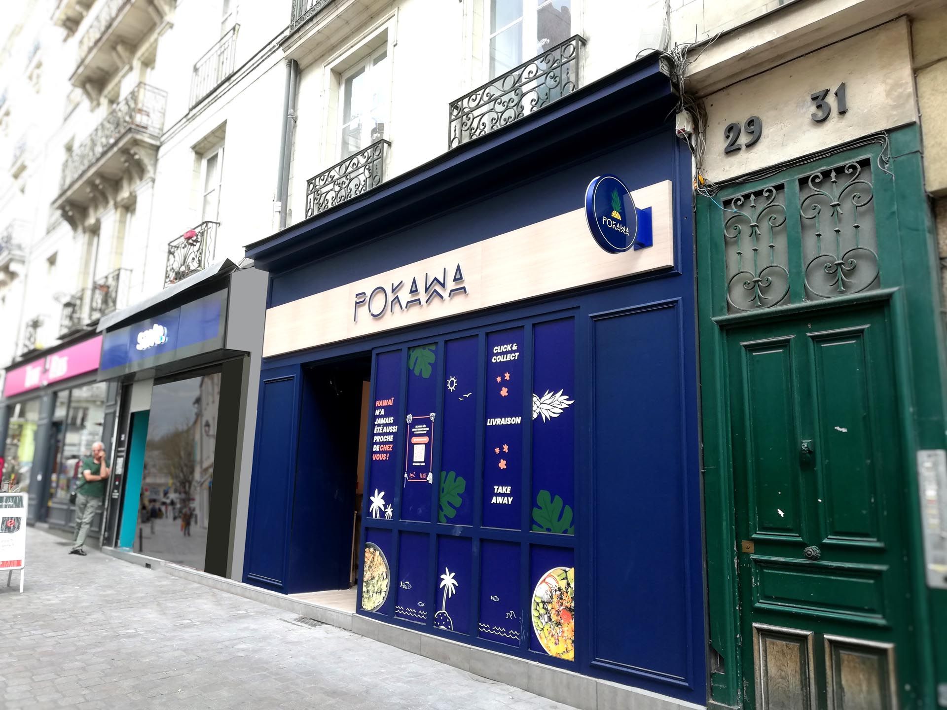 Enseigne lumineuse bandeau tôle alu effet bois Pokawa